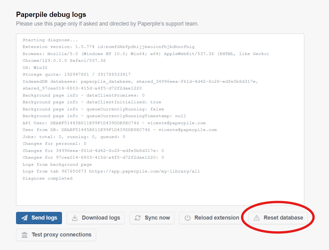 The Paperpile debug logs page with a diagnostic dump of extension, browser and database details, and the circled “Reset database” button below Sync now, Reload extension and Test proxy connections buttons.